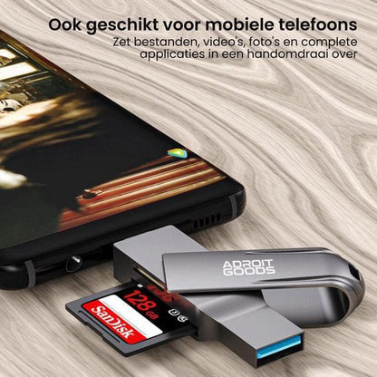 Mobiele telefoon met AdroitGoods USB-stick en 128 GB SanDisk geheugenkaart op houten ondergrond