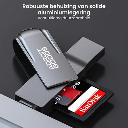 Robuuste aluminium USB-stick met AdroitGoods logo en microSD-kaart in lezer geladen