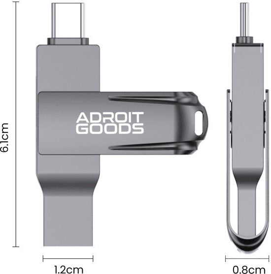grijze compacte usb-stick met draaibare beschermkap en Adroit Goods logo zichtbaar