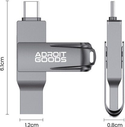grijze compacte usb-stick met draaibare beschermkap en Adroit Goods logo zichtbaar