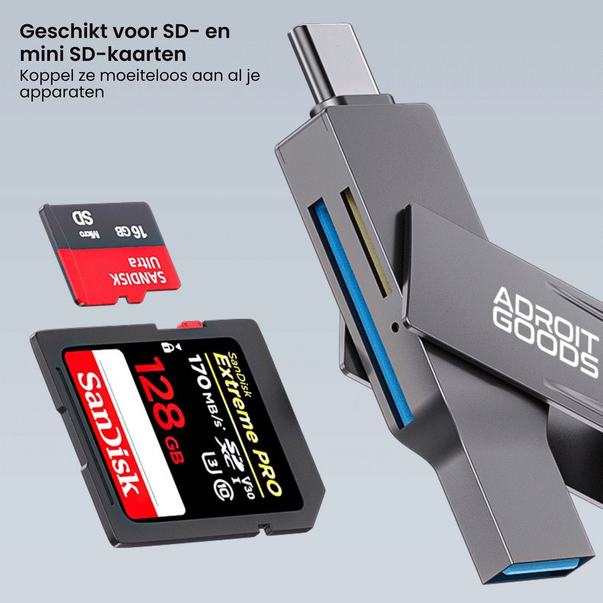 USB-C kaartlezer met meerdere poorten geschikt voor SD en mini SD kaarten van AdroitGoods