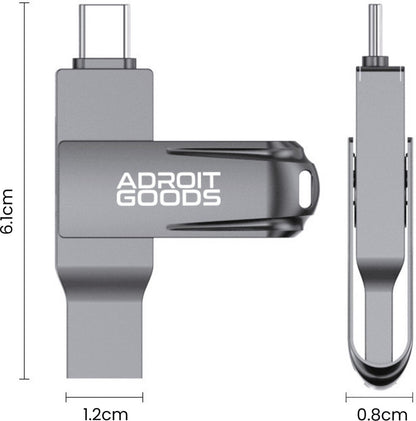 Grijs metalen USB-stick met draaisluiting en AdroitGoods logo vanuit verschillende hoeken weergegeven
