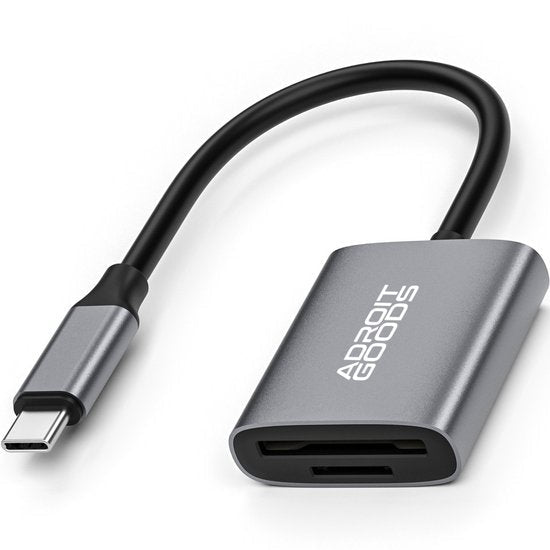 grijze adapterkabel met usb-c aansluiting en dubbele poort voor gegevensoverdracht