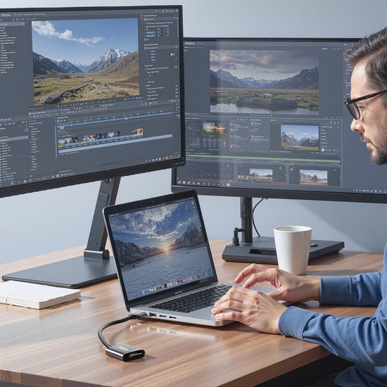 Man werkt aan videobewerking op laptop en twee grote monitoren op een houten bureau