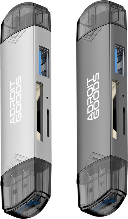 twee compacte usb-sticks met doorzichtige doppen en Adroit Goods opdruk in wit en grijs