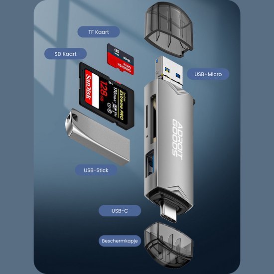 Zilverkleurige multifunctionele USB-stick met kaartenlezer en beschermkapjes in blauwgrijs
