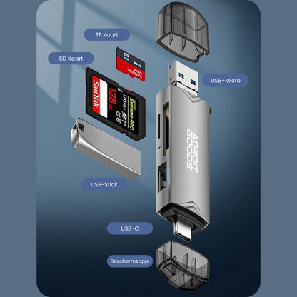 Zilverkleurige multifunctionele USB-stick met kaartenlezer en beschermkapjes in blauwgrijs