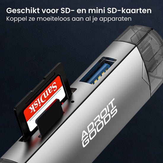 USB-stick met SD-kaartlezer en aansluiting voor mini SD-kaarten, zilver van kleur