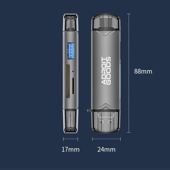 grijze slanke apparaat met display en afmetingen 88mm bij 24mm en 17mm zichtbaar op blauwe achtergrond