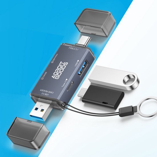 Zwart AdroitGoods USB-hub met meerdere poorten en afneembare beschermkappen op blauwe achtergrond