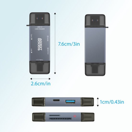 grijze compacte USB 3.0 kaartlezer met afdekkapjes en verschillende poorten zichtbaar