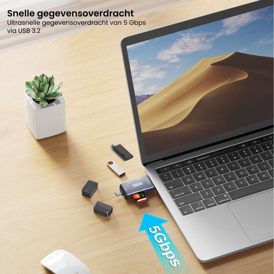 Lichtgrijze laptop met sd-kaartlezer, usb-sticks en kleine plant op houten bureau