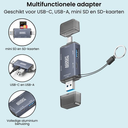 grijze multifunctionele adapter met usb-c, usb-a en sd-kaartlezer in aluminium behuizing