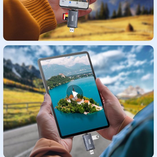 Hand die een tablet vasthoudt met een kaart van een eiland en bergen op het scherm weergegeven.