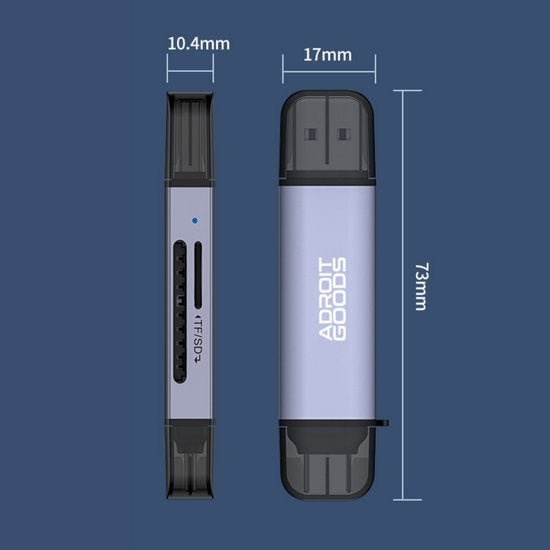 AdroitGoods USB-kaartlezer met afmetingen en ondersteunde TF/SD-kaartsleuven in paars design