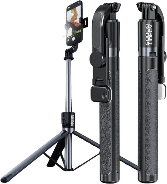 Compact statief en selfie stick in één met verstelbare smartphonehouder en grip in zwart