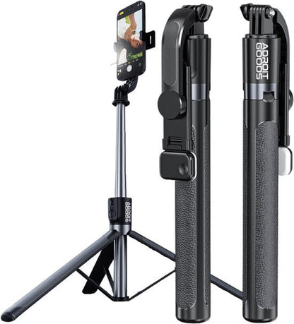 Compact statief en selfie stick in één met verstelbare smartphonehouder en grip in zwart