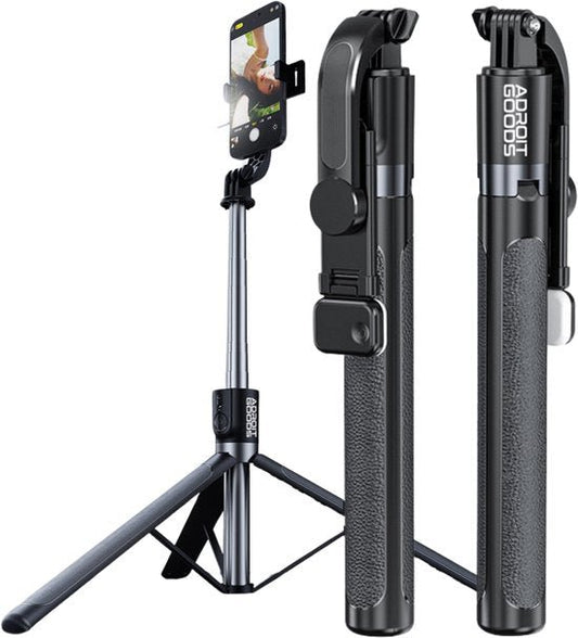 Compact statief en selfie stick in één met verstelbare smartphonehouder en grip in zwart