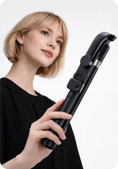 Vrouw met kort blond haar die een zwarte, compacte selfie-stick vasthoudt tegen witte achtergrond