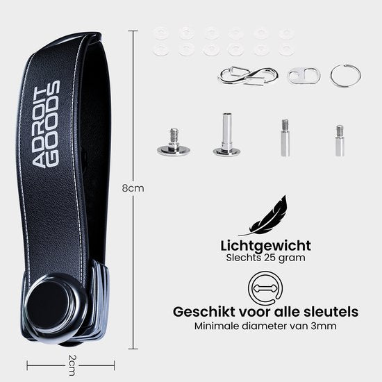 zwarte sleutelhanger met metalen bevestigingen en accessoires, lichtgewicht en compact ontwerp