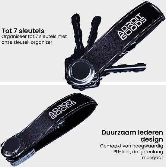 Zwarte sleutelhanger van duurzaam PU-leer met ruimte voor maximaal zeven sleutels.