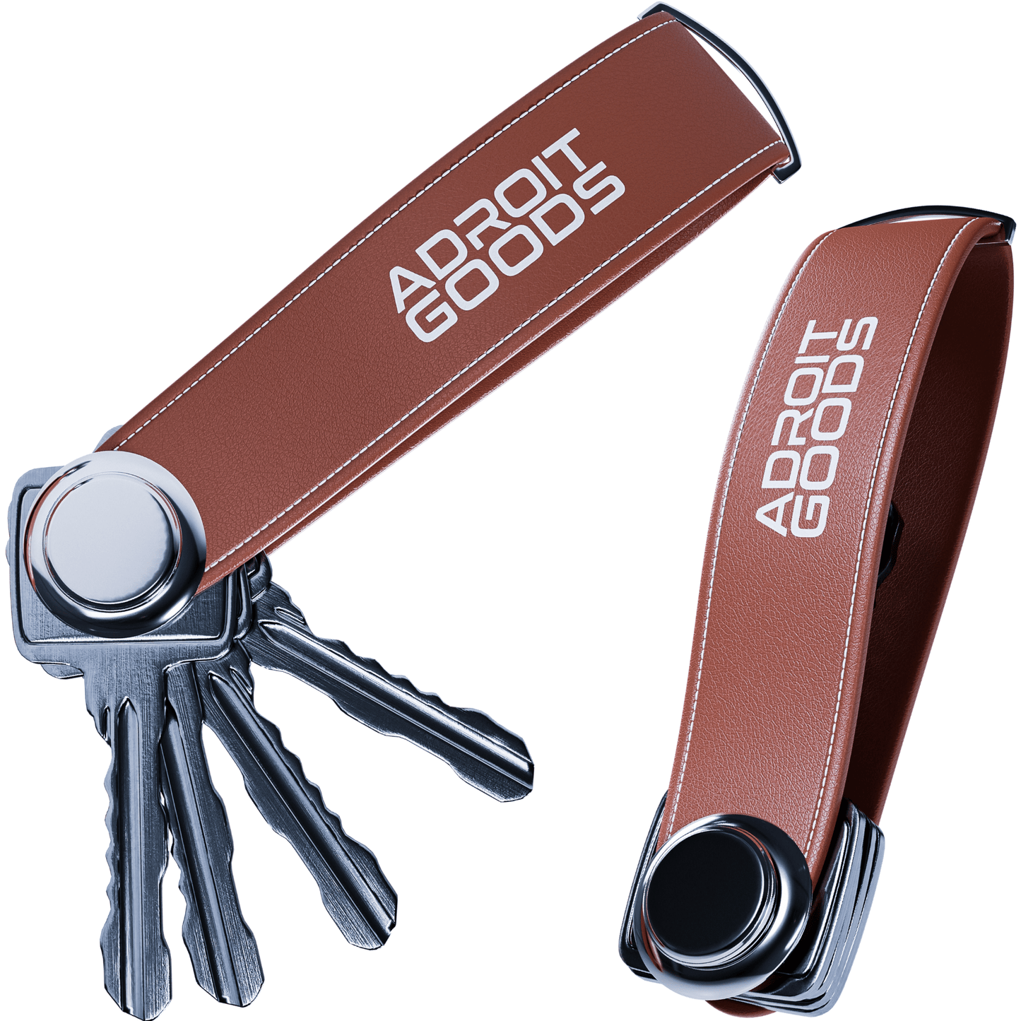 Bruine leren sleutelhanger met wit Adroit Goods logo en metalen sleutelhouderclips.