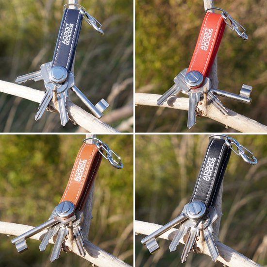 Vier leren sleutelhangers met metalen sleutels in verschillende kleuren aan een tak