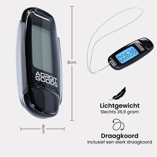 Compact zwart digitaal apparaat met blauw display, inclusief draagkoord en afmetingen weergegeven