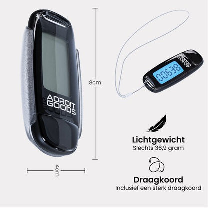 Compact zwart digitaal apparaat met blauw display, inclusief draagkoord en afmetingen weergegeven