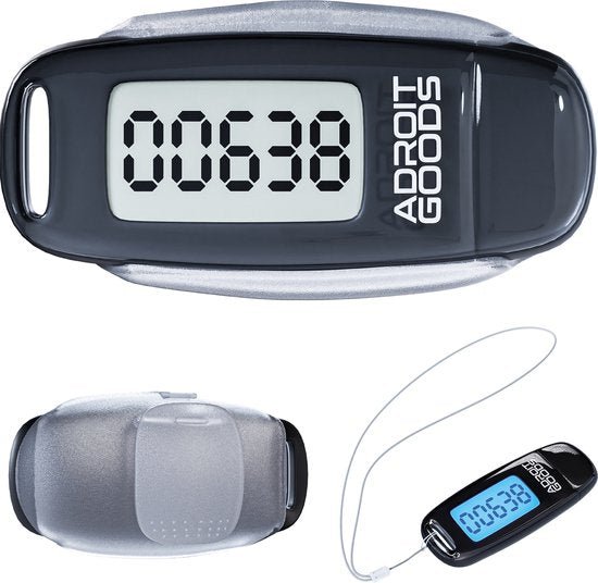 digitale teller zwart met heldere display en verstelbare riem zichtbaar nummer 00638