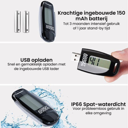 Close-up van een zwart apparaat met display, ingebouwde batterij, USB opladen en waterdicht design