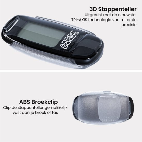 Zwarte 3D stappenteller met display en ABS broekclip voor eenvoudig bevestigen aan kleding
