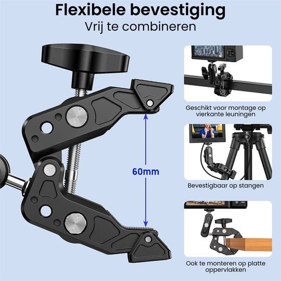 Zwarte metalen klem met verstelbare grip, geschikt voor verschillende montageopties tot 60 mm breedte