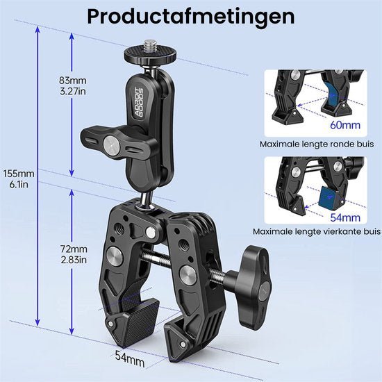 Zwarte verstelbare klem met draaibare kop en afmetingen voor ronde en vierkante buizen.