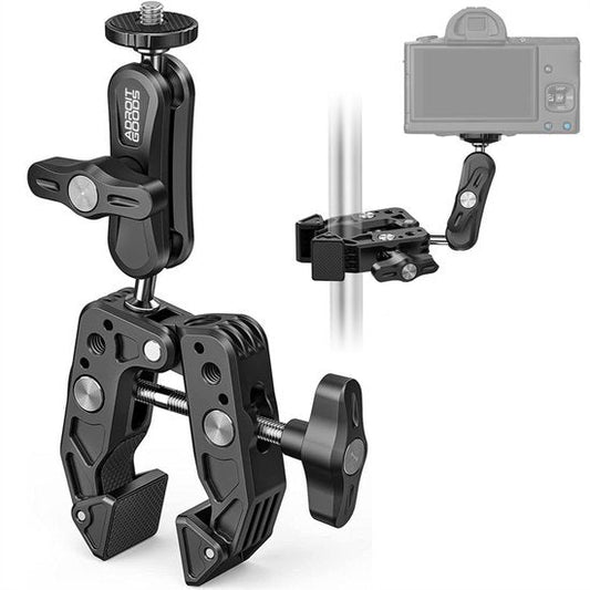 Zwarte verstelbare klem met schroef en houder voor cameraapparatuur en accessoires