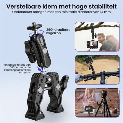 Instelbare klem met 360° draaibare kogelkop voor stabiele bevestiging van camera's