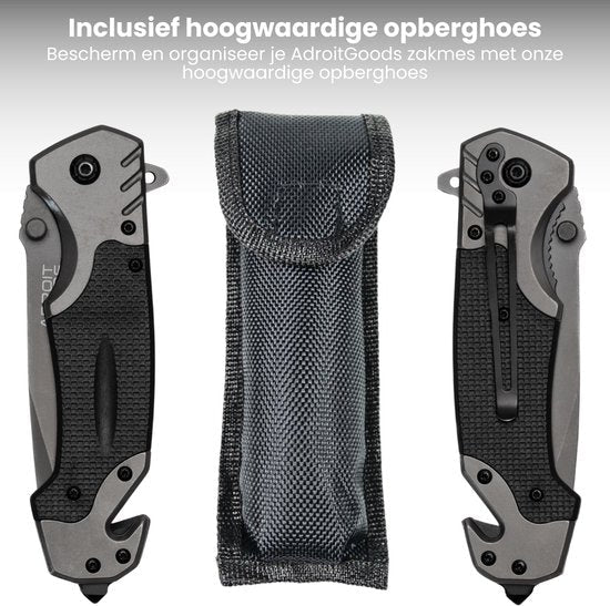 Twee zwarte inklapbare messen met een stevige zwarte opberghoes ertussen geplaatst