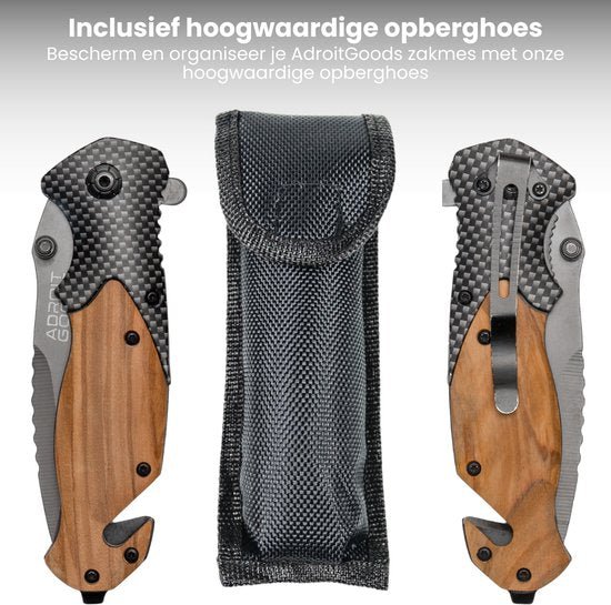 Opvouwbaar zakmes met houten handvat en meegeleverde duurzame zwarte opberghoes