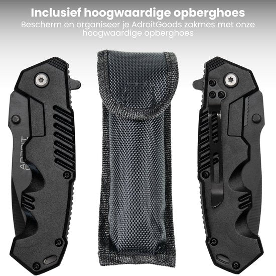 Twee zwarte inklapbare messen met clip naast een stevige zwarte opberghoes van nylon