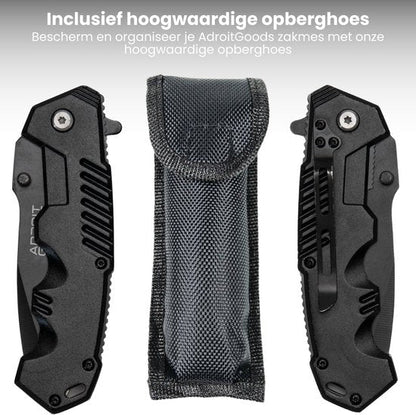 Twee zwarte inklapbare messen met clip naast een stevige zwarte opberghoes van nylon