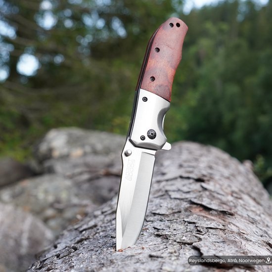 Openscheurmes met blank stalen lemmet en handgreep van roodbruin hout op boomstam geplaatst