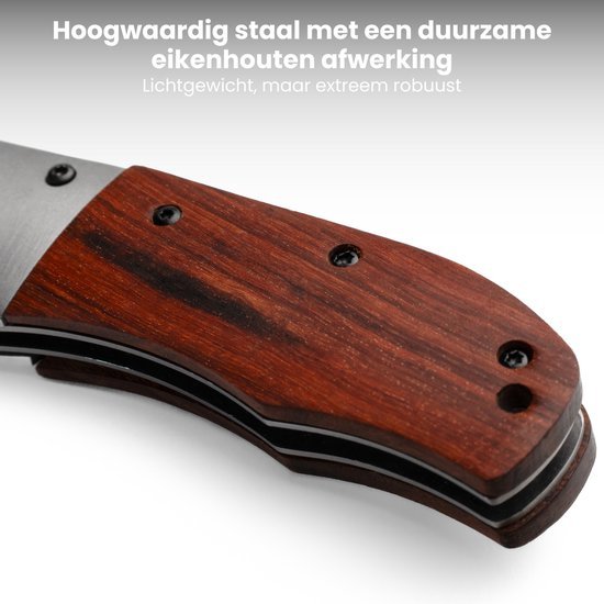 Houten handvat met hoogwaardige stalen kern en duurzame afwerking in donker eikenhout.