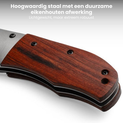 Houten handvat met hoogwaardige stalen kern en duurzame afwerking in donker eikenhout.