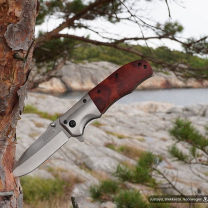 Opvouwbaar mes met houten handvat geplaatst in boom met rotsachtige kust op achtergrond