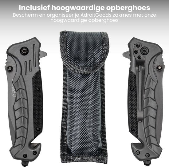 Opgevouwen zakmessen met grip en duurzame zwarte opberghoes voor bescherming en organisatie