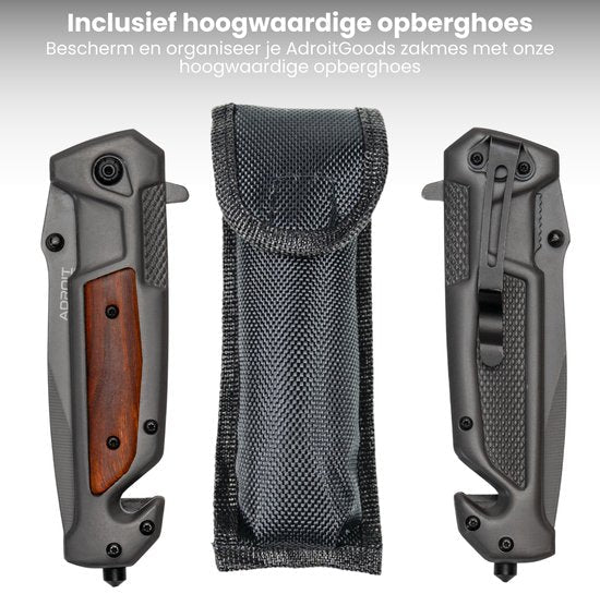 AdroitGoods zakmes met houtaccenten en duurzame zwarte opberghoes naast twee zijaanzichten van het mes