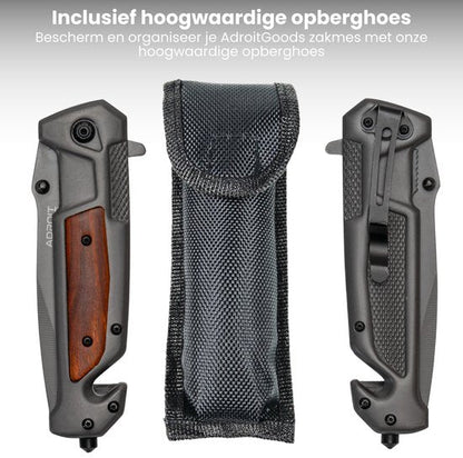 AdroitGoods zakmes met houtaccenten en duurzame zwarte opberghoes naast twee zijaanzichten van het mes