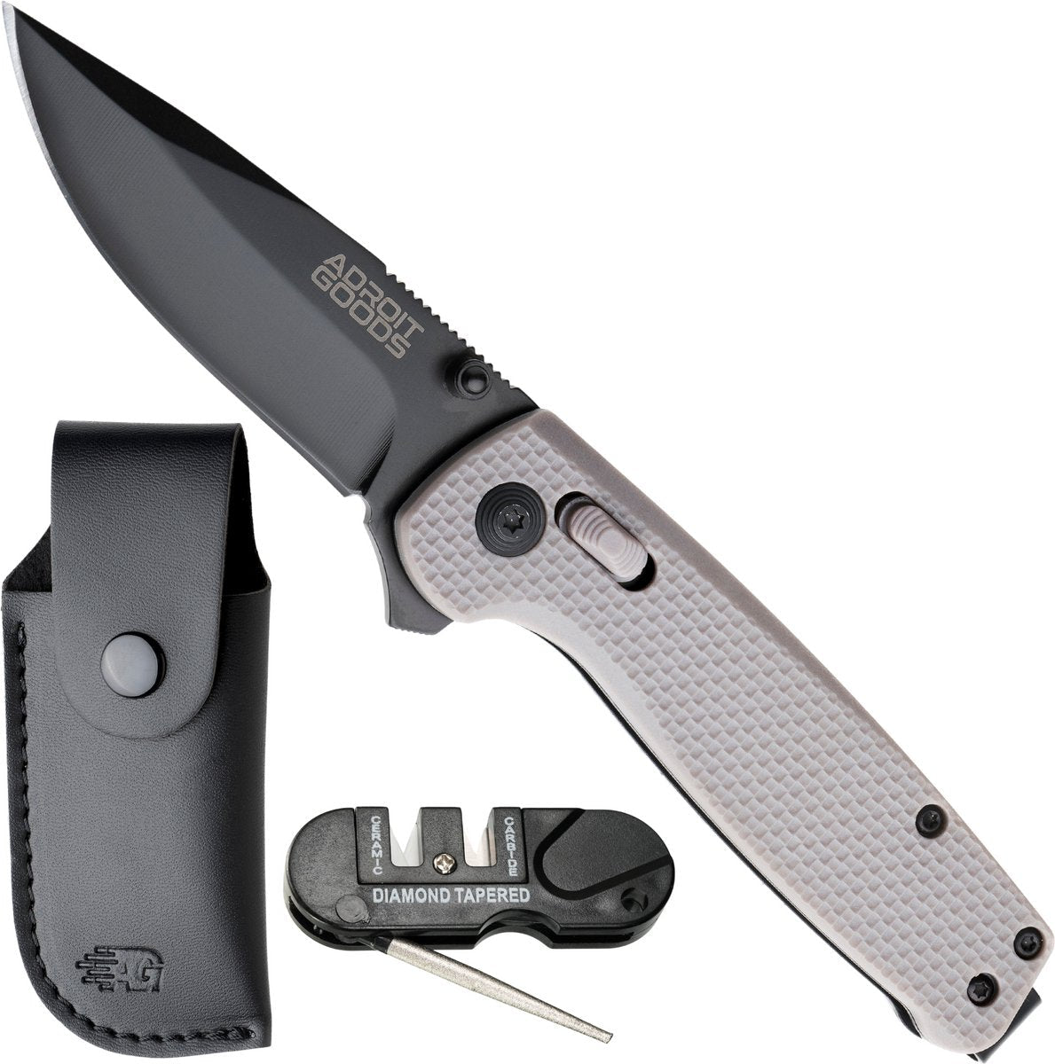 Opvouwbaar mes met zandkleurige handgreep, zwart lemmet en slijper met zwarte hoes erbij