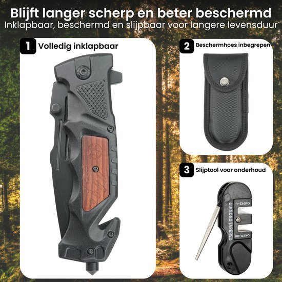 Volledig inklapbaar mes met beschermhoes en slijptool voor onderhoud en langere levensduur.