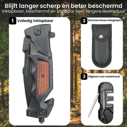 Volledig inklapbaar mes met beschermhoes en slijptool voor onderhoud en langere levensduur.
